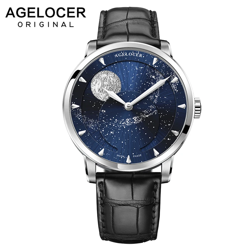 AGELOCER реальные Moonphase часы Для мужчин сапфир с автоподзаводом механические