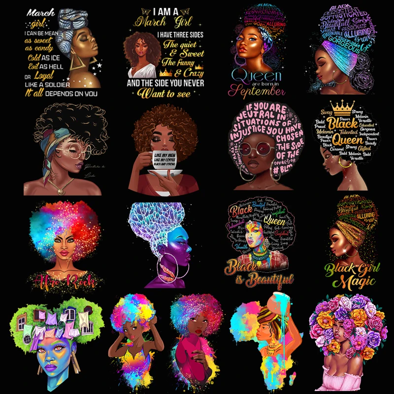 

Black Girl Thermal Stickers On Clothes Beautiful Women DIY Iron On Patches On T-Shirt Heat Transfer Fashion Girl Sticker Appliqu