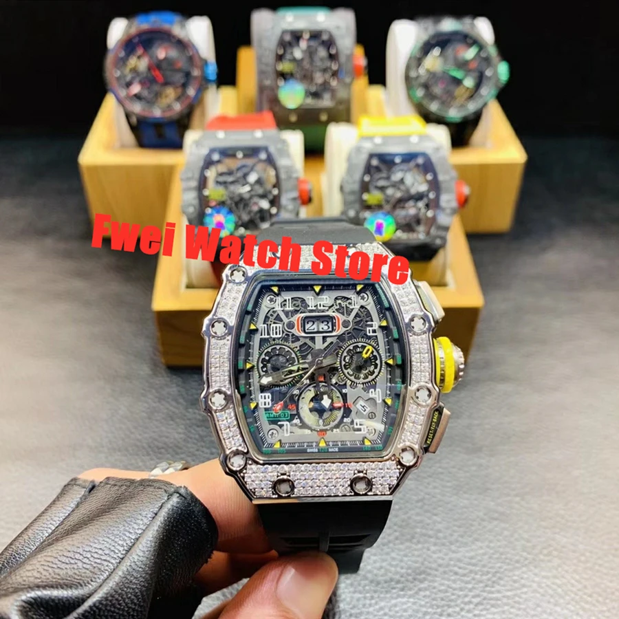 Роскошные мужские механические часы Diamond квадратные с резиновым ремешком модные