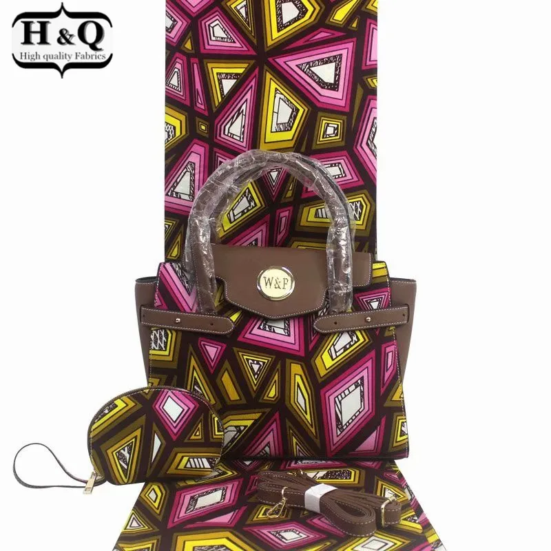

H&Q popular african wax bags three-piece high quality 6 yards/lot real print wax fabric match big handbag and small wallet H116