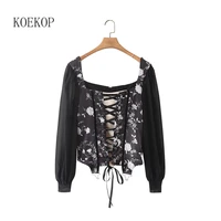 koekop women vintage floral printed blouse with front crossover ties square neckline long sleeves chic lady top woman
