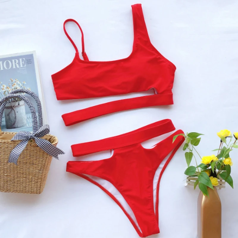 

Sexy Backless Cut Out Bikini Set Women Two Piece Suit High Waist Bandage Bathing Suits 2021 Summer Solid Color Bikini Swimsuit