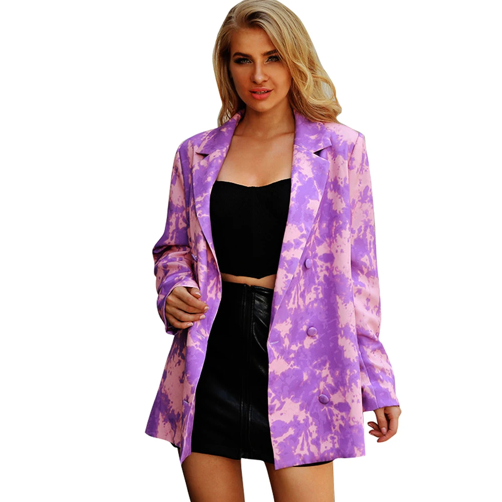

Fashion Purple Tie Dye Double Breasted Blazer Coat Women Jacket 2020 Autumn Vintage Long Sleeve Pocket Oversize Chic Suit Coat