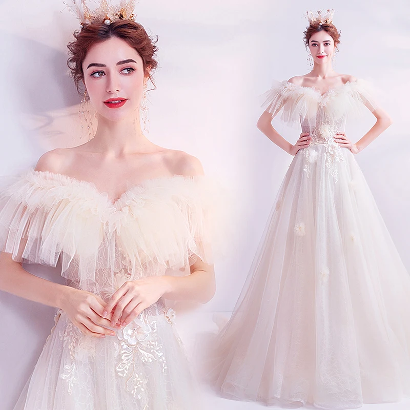 Sexy Off Shoulder Lace Up Court Train A-Line Wedding Dress 2020 Luxury Flowers Appliques Princess Bride Gown Robe De Mariage | Свадьбы и