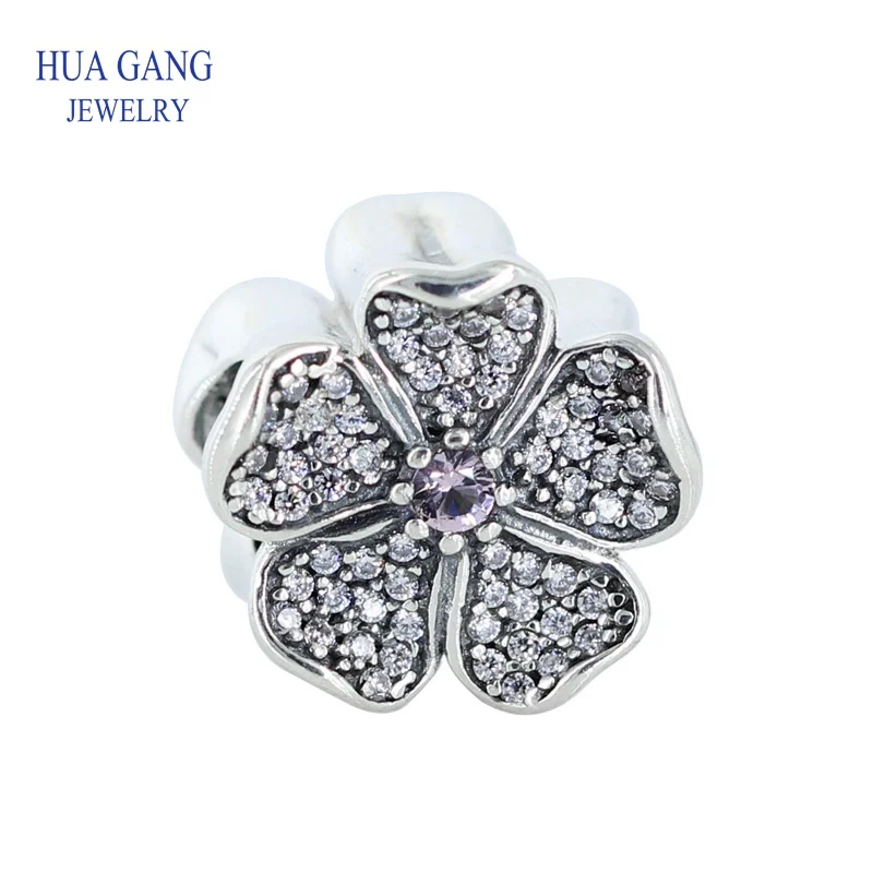 

Romantic flower beaded whiteZircon Beads 925 Sterling Silver Glamour Fashion Jewelry Fits Pandora Bracelets Women DIY