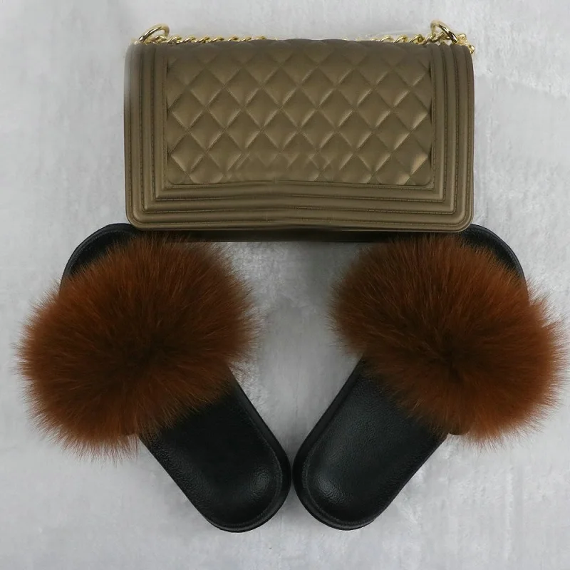 

Summer Ladies Fox Fur Slides Lovely Plush Indoor Slippers Women Matte Jelly Bags Shopping Purse Fashion Fluffy Female Sandals