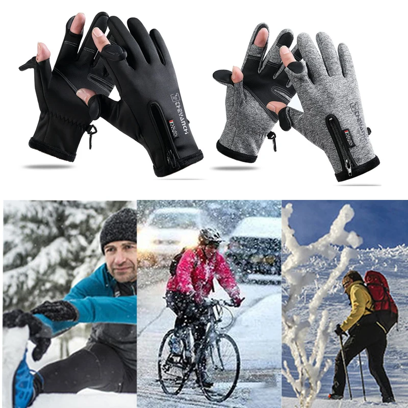 Enlarge Winter Warm Outdoor Riding Bike Fishing Polar Fleece Gloves Exposed Two-finger Touch Screen Non-slip Waterproof Unisex New Glove