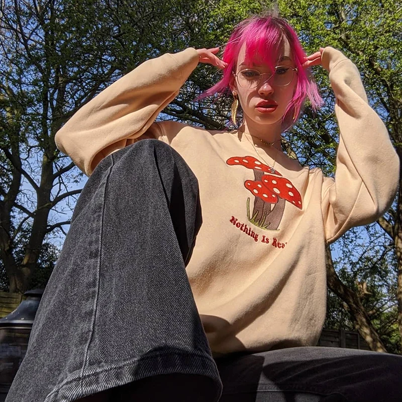 

2021 New Womens Mushroom Pattern Pullover Tops Long Sleeve Round Neck Loose Sweatshirts