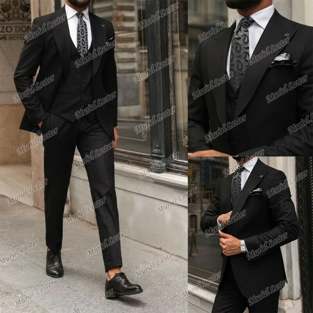 

Trajes De Hombre Tailor-Made Suits African Groomsman Wedding Tuxedo Black Jacket+Vest+Pants Slim Fit Blazer 3 Pieces Set 2021