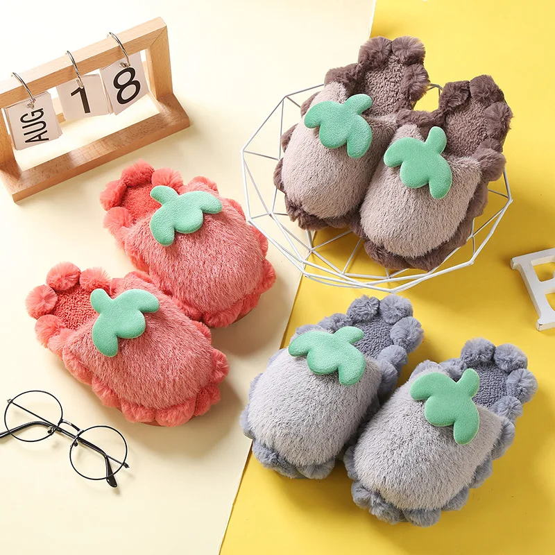 

Children House Slippers for Boys Girls Cartoon Fruit Strawberry Winter Warm Cotton Fluffy Anti-slippery Children Indoor Slippers