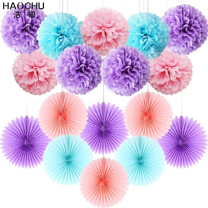 

17pcs/set Tissue Paper Pom Poms Flowers Mixed Paper Fan Pinwheel Round Hanging Wedding Birthday Decor Baby Shows Party Supplies