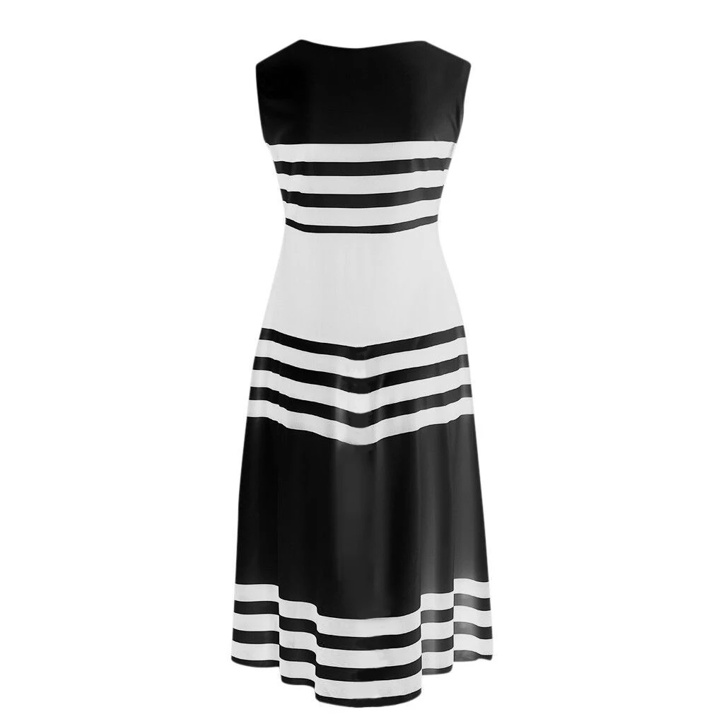 Elegant Striped Print Women Dress Side Split O-Neck Sleeveless Fitted Waist Casual Tank Summer Office Lady Plus Size | Женская одежда
