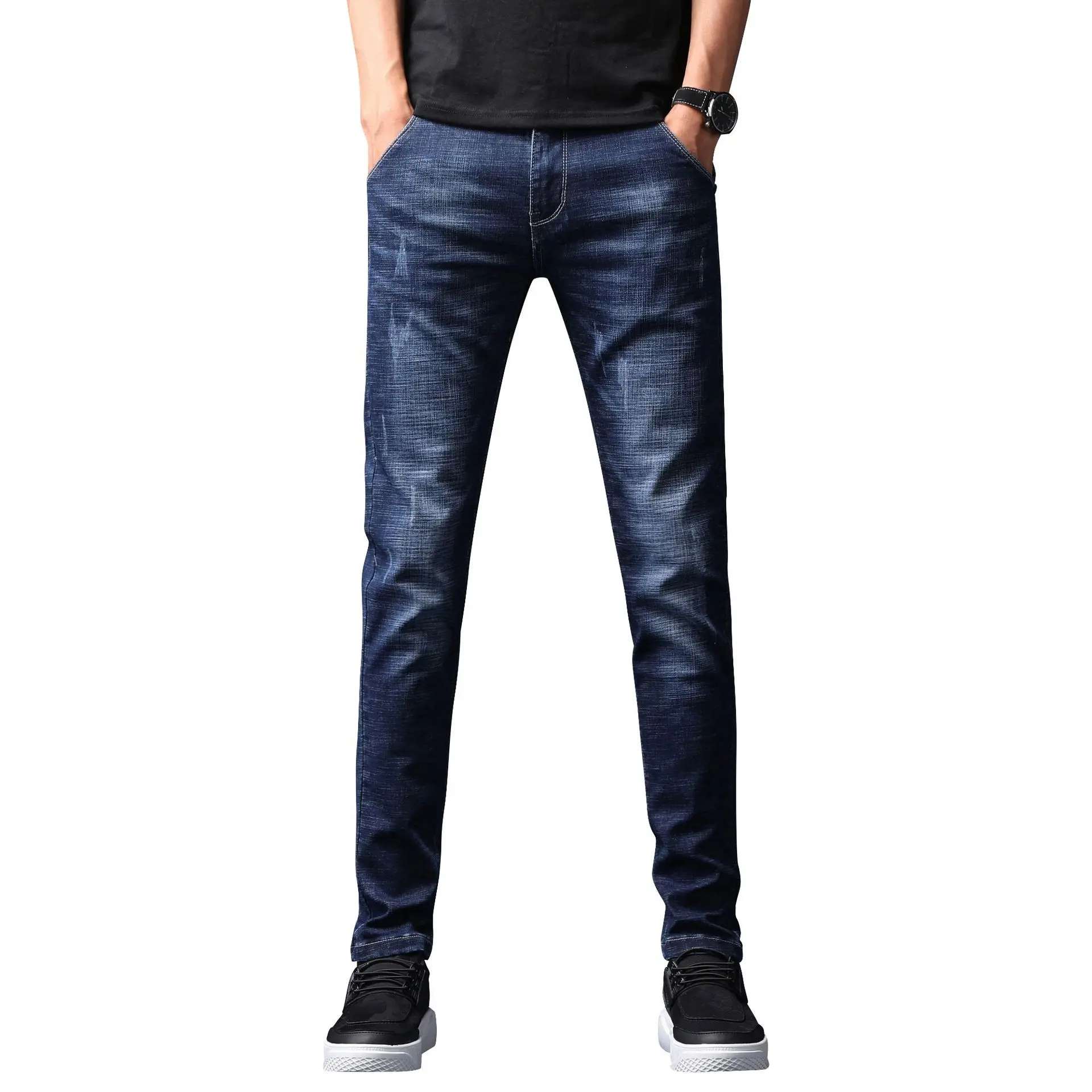 

Men casual jeans spring and autumn fashion washed stretch slim men pencil pants male solid color denim trousers