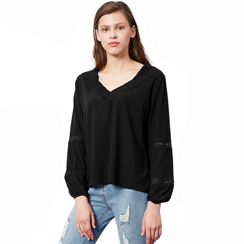 

Women Blouse 2020 Spring Long Sleeve Solid Lace V-neck Chiffon Shirts Female Casual Fashion Loose Tops Lasies Work Office Blouse
