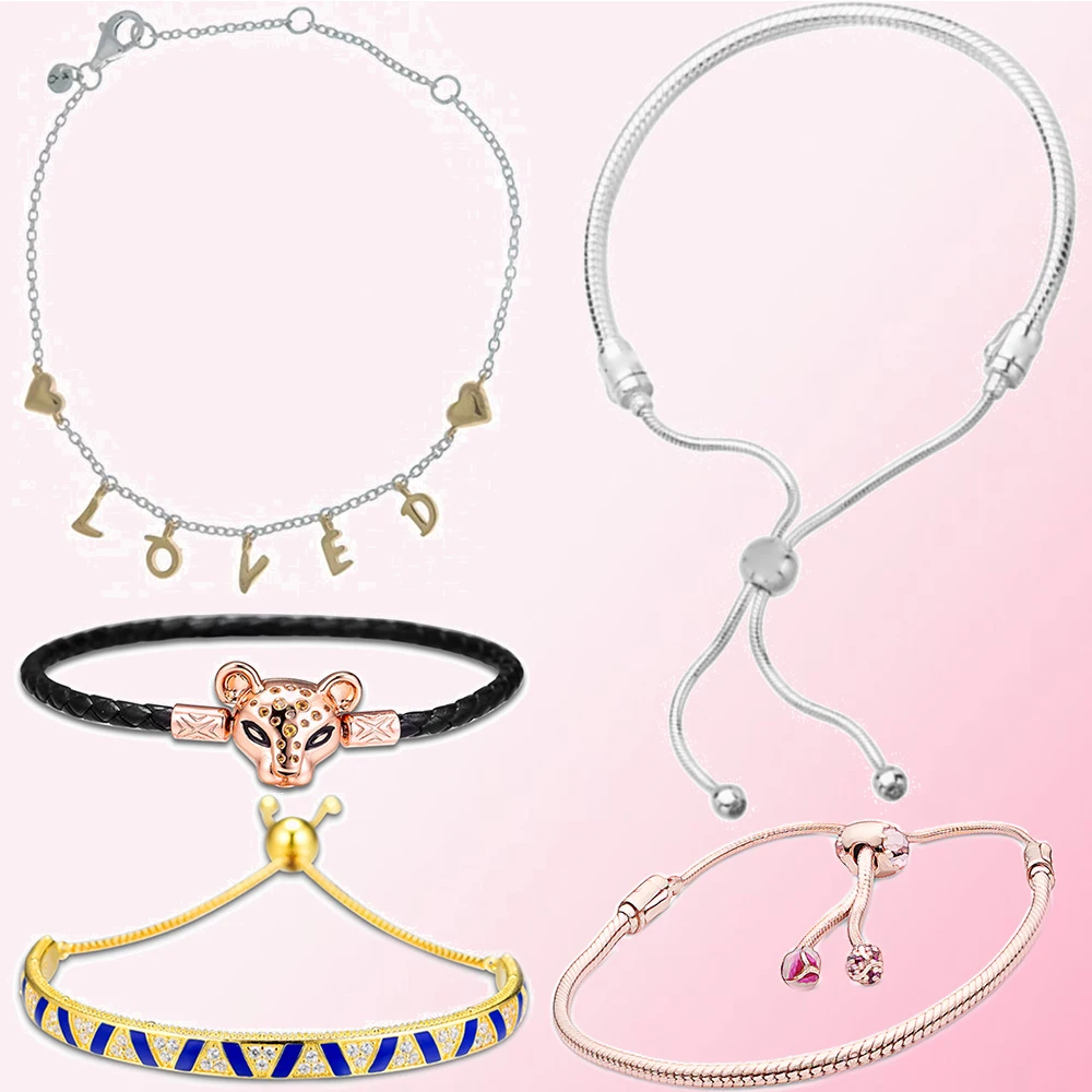 925 стерлингового серебра любят браслет с надписью розовом и черном цвете кожаный