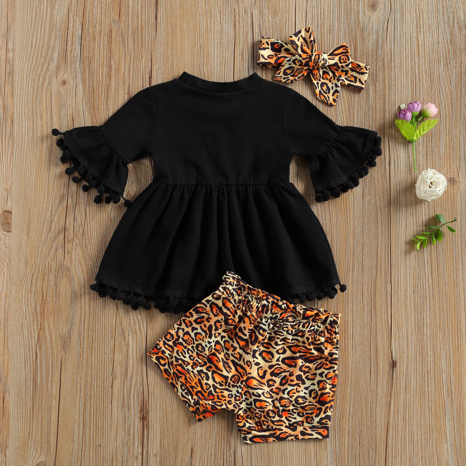 

Pudcoco 2021 Spring 0-3Y Baby Girl 3Pcs Set Black Ball Tassels Flared Half Sleeve Dress-Style Top+ Leopard Shorts+Bow Toddler