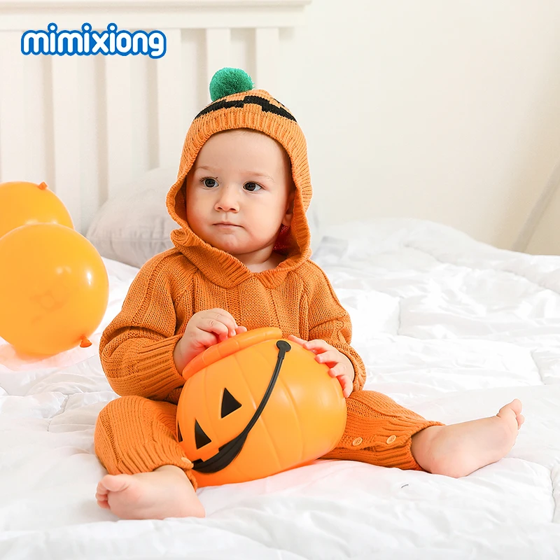 

Baby Rompers Knitted Yellow Pumpkin Pattern Newborn Boy Girl Jumpsuits Caps Outfit Set Winter Long Sleeve Toddler Infant Clothes