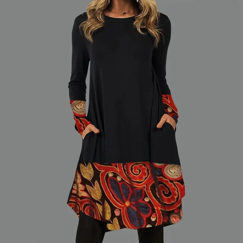 

2021 Winter Women Loose Dress Retro Floral Print Patchwork Pullover Dresses Warm Long Sleeve O-Neck Mini Dress Vestidos