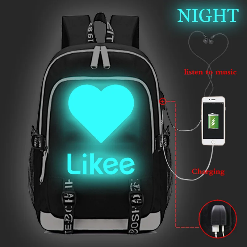 Рюкзак Likee USB для студентов школьные сумки со светящимися usb зарядками дорожный