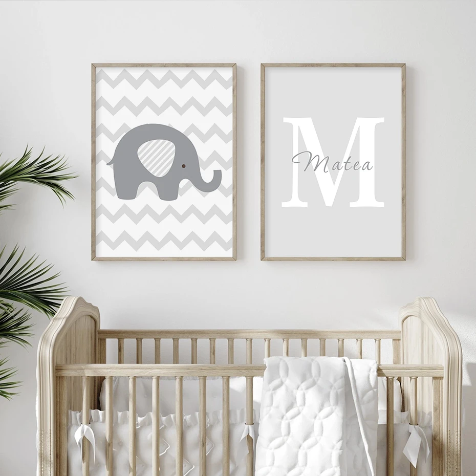 

WTQ Custom Name Initial Letter Elephant Baby Wall Art Canvas Painting Wall Picture Living Kids Home Decoration Posters Prints