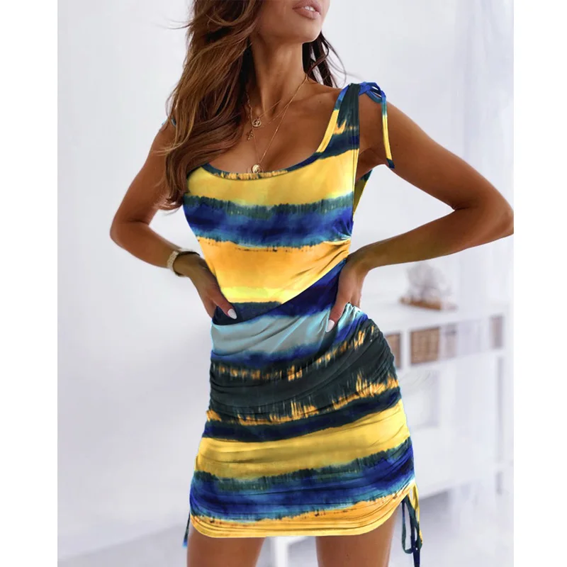 

New Trendy Women Casual Summer Dress Tie Dye Print Drawstring Ruched Bodycon Dress