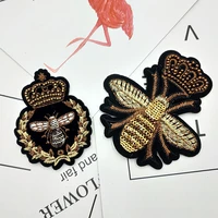 2 piece beaded sequin fashion gold crown bee badge design patches sew on appliques fabric repair garment decorated diy supplies