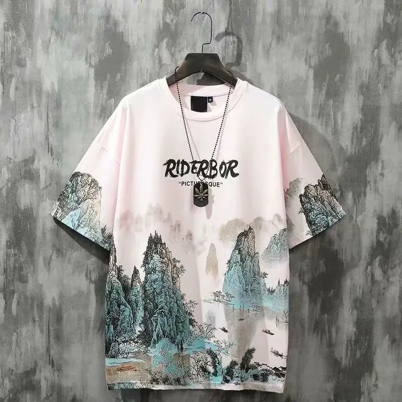 

Summer Mountain Landscape Printing T-shirt Men's Loose Chinese Style Top Tees Couples Short-Sleeved Harajuku Hip Hop Clothing