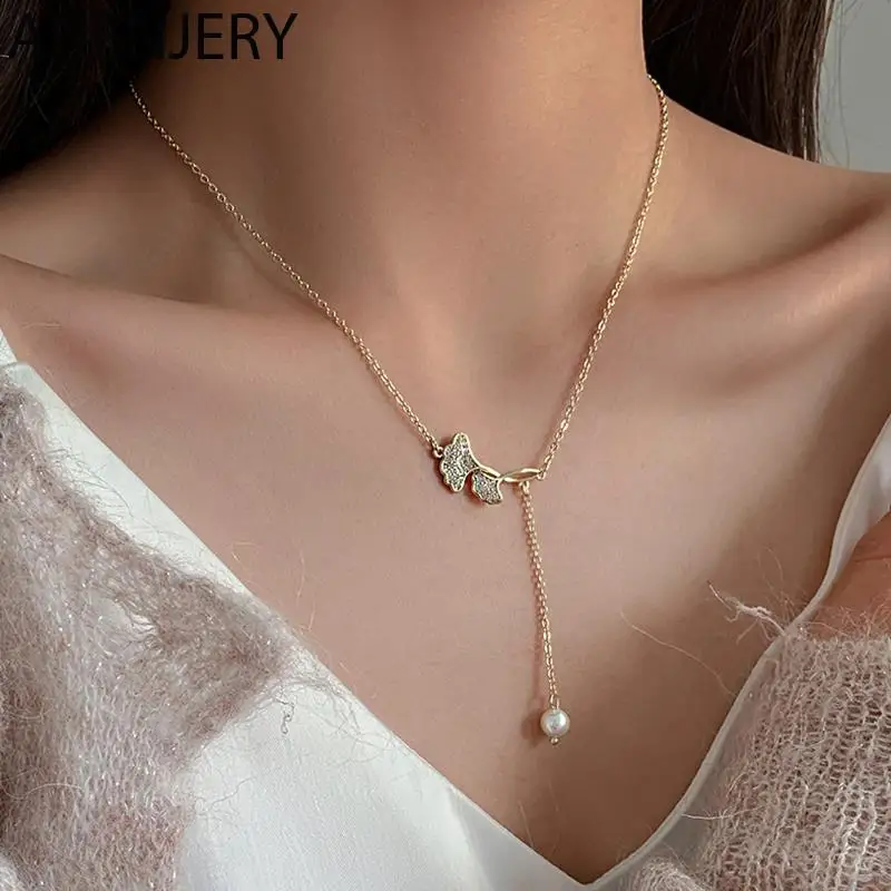 

Evimi 925 Silver Color Micro Zircon Leaf Pearl Tassel Necklace For Women Simple Temperament Clavicle Chain Jewelry