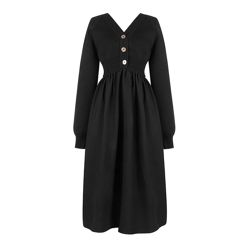 

2020 New Spring V-neck Single Breasted Solid Color Knit Dress Women High Street Loose Mid-length Dress Tide V397