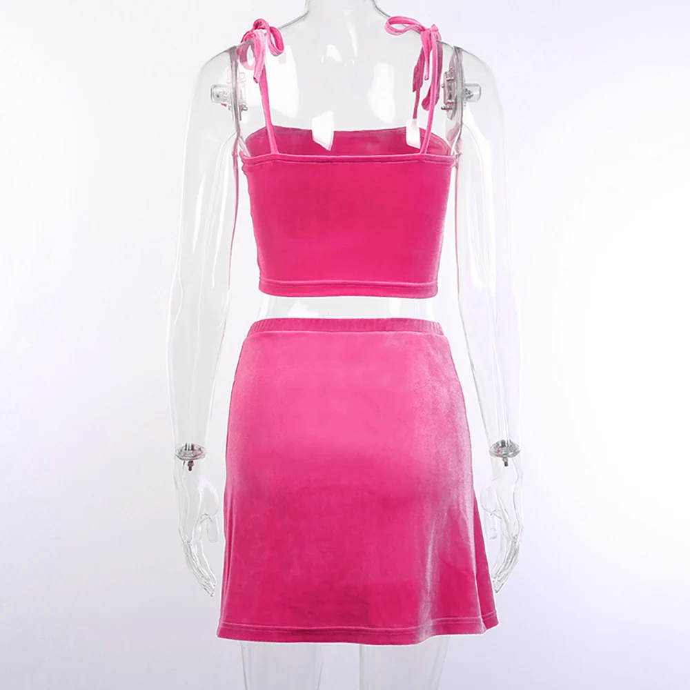 

Spaghetti Strap Velvet Two Piece Crop Top and Skirt Set Bow Sleeveless Fashion Outfits Match Sets High Waist Split Skirts Solid