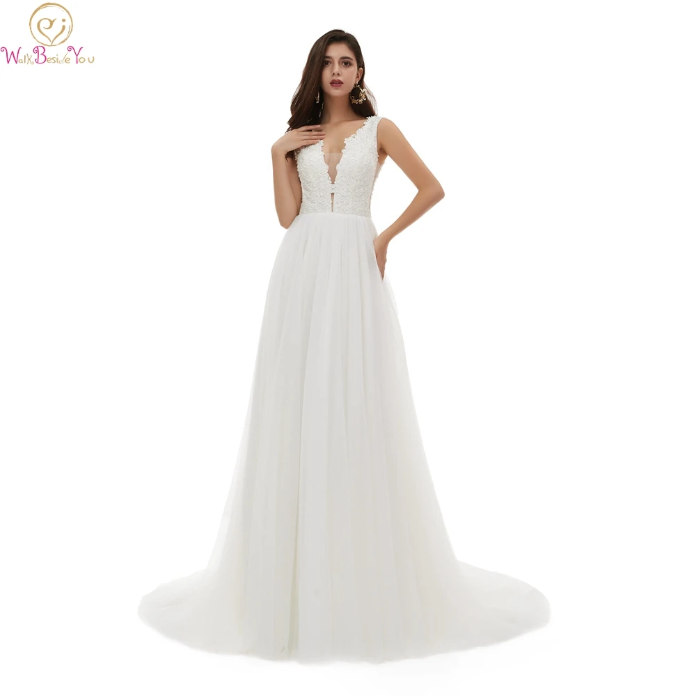

Simple Sexy Deep V-Neck A-Line Sleeveless Wedding Dresses Boho Lace Back Elegant Bridal Gowns vestido de noiva trouwjurk 2019