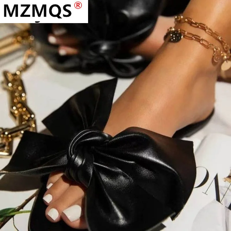 

Summer Women Slippers 2021 New Fashion Butterfly Knot Open Toe Flat Slippers PU Leather Sexy Beach Slippers Zapatillas Mujer