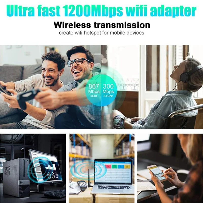 

WiFi Adapter 1200Mbps Dual Band 5.8GHz/2.4GHz WiFi Dongle, USB 3.0 Adapter Antenna, for PC Windows 10/8/7/Vista/XP