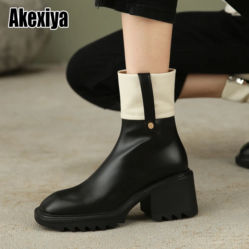 

Женские ботильоны на толстой подошве, ботинки из натуральной кожи с квадратным носком, черные, белые Универсальные ботинки на платформе, ...