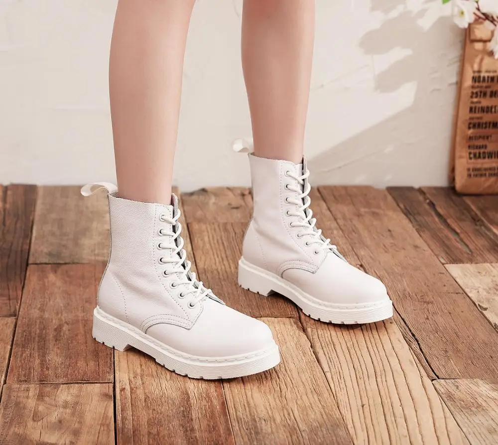 

2020 Women's Autumn Boots PU Leather Ankle Boots Female White British Motorcycle Boots Fashion Lady Martin Boots Shoes Lace up