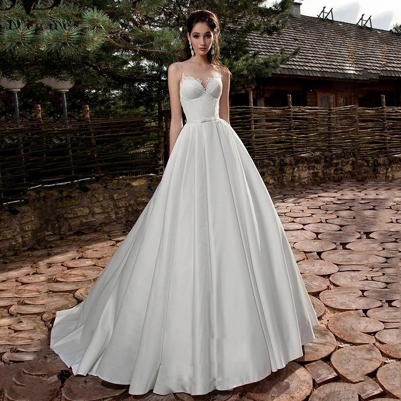 

Мягкое атласное пляжное свадебное платье, сексуальное кружевное платье А-силуэта с V-образным вырезом и аппликацией, простое женское свадеб...