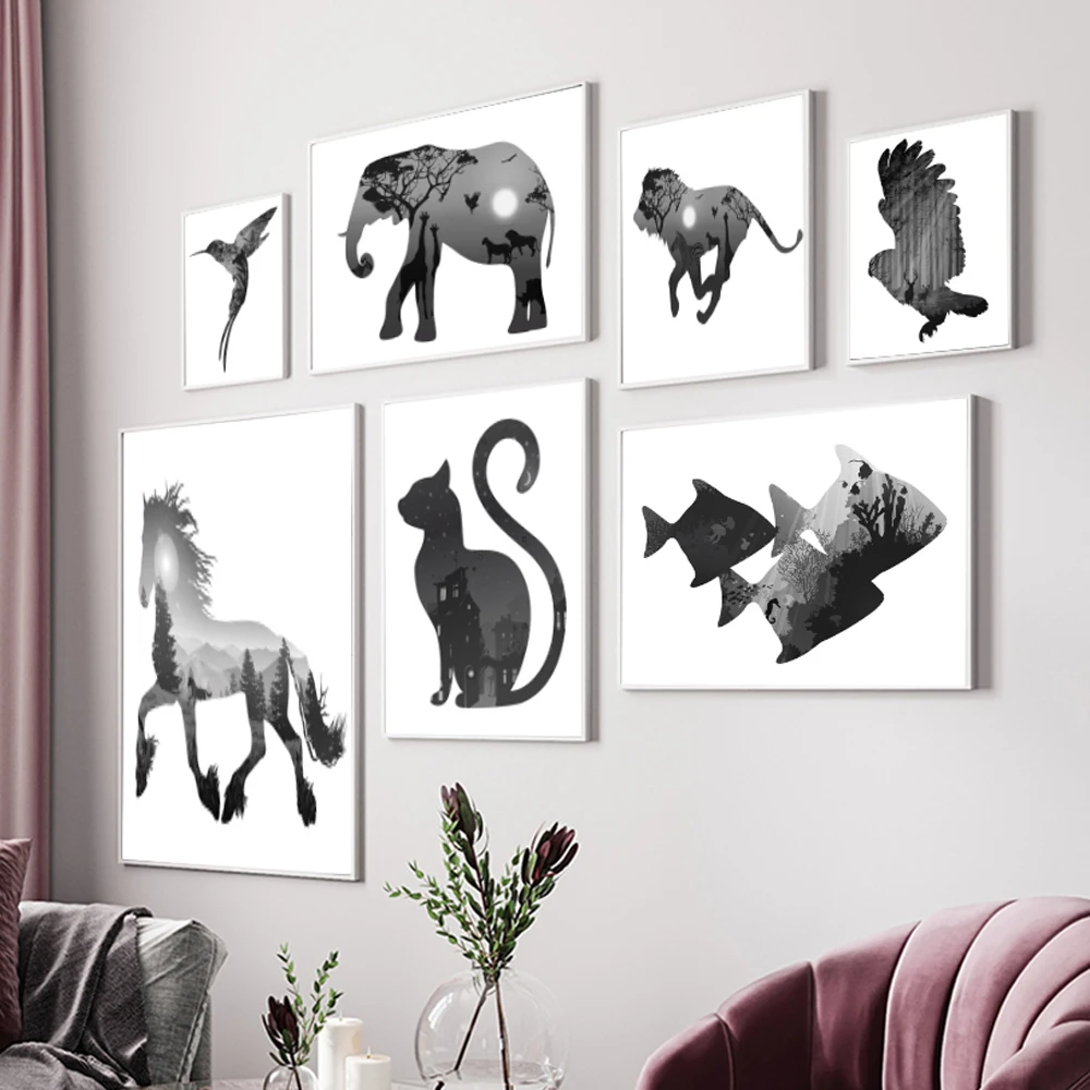 

Abstract Bird Fish Horse Cat Animal Silhouette Poster Prints Minimalism Wall Art Canvas Painting Nordic Style Picture Home Decor