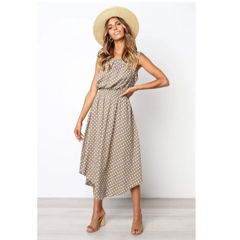 

Elegant Summer Women Dress One Piece 2021 Round Neck Sleeveless Loose Waist Dot Pattern Irregular Dresses Casual