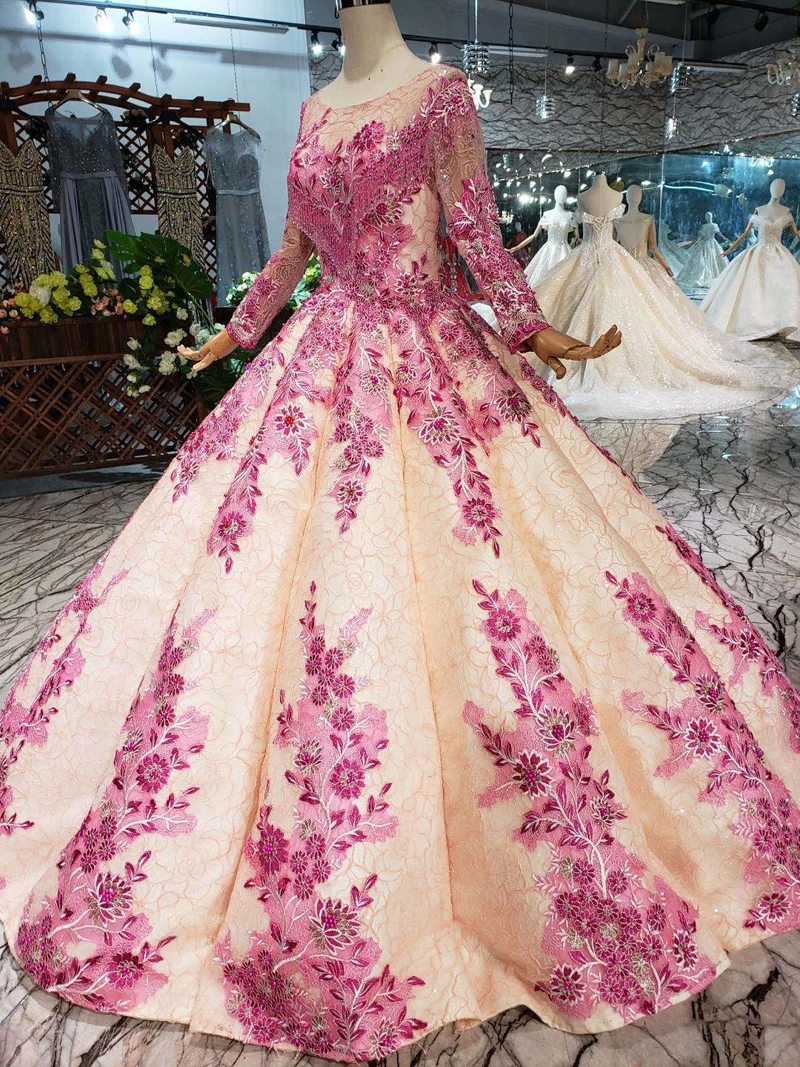 BGW 325ht Ball Gown Tassel Prom Dresses With Pink Flowers Floor Length O-neck Long Sleeves Muslim Swollen Pleat Evening Dresses