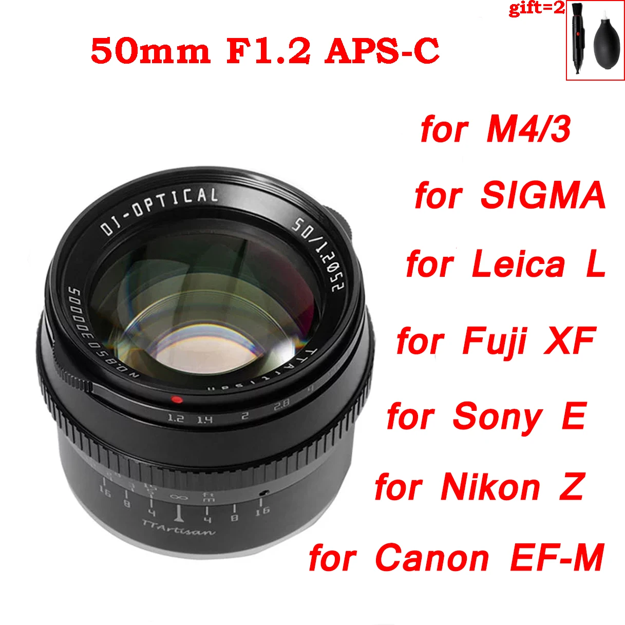 

TTArtisan 50mm F1.2 APS-C Cameras Lens Manual Focus MF for Leica L Nikon Z Sigma Sony E Fujifilm Fuji X Canon M EF-M M43 M4/3