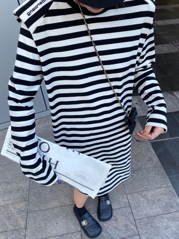 

115332 Spring Autumn New Fashion Classic Brand Luxury Design Simple Logo Embroidery Casual Versatile Striped Dress Women A2