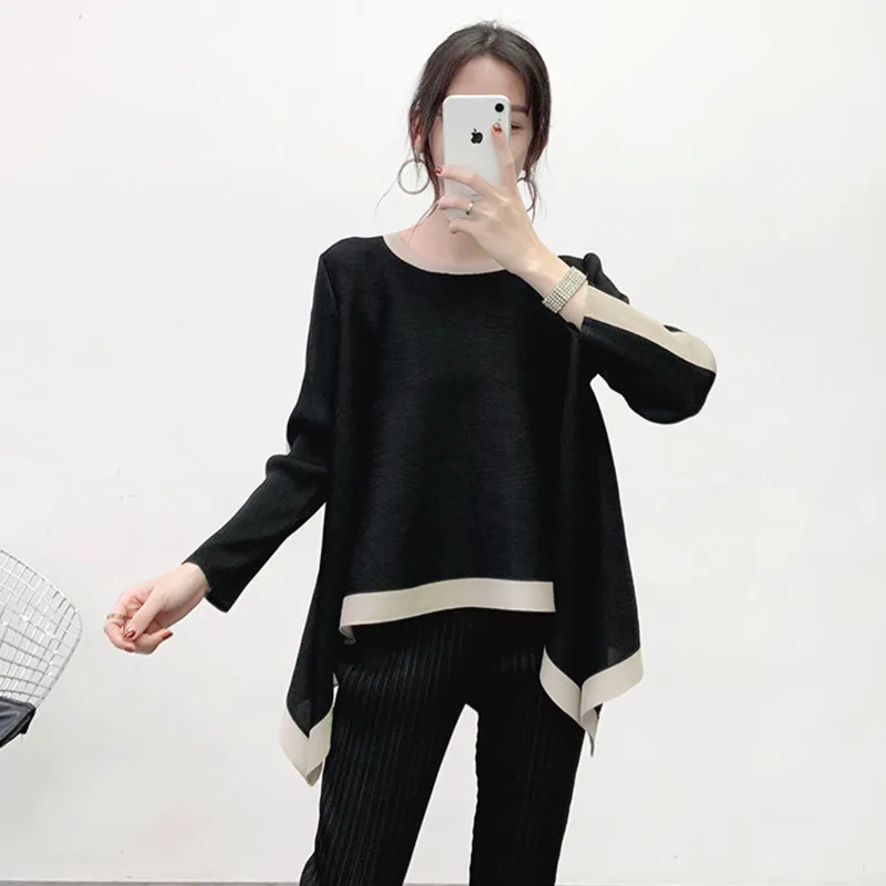 

LANMREM large size pleated T-shirt famale 2020 round collar color block hem long sleeve fold tops irregular big swing tops YJ745