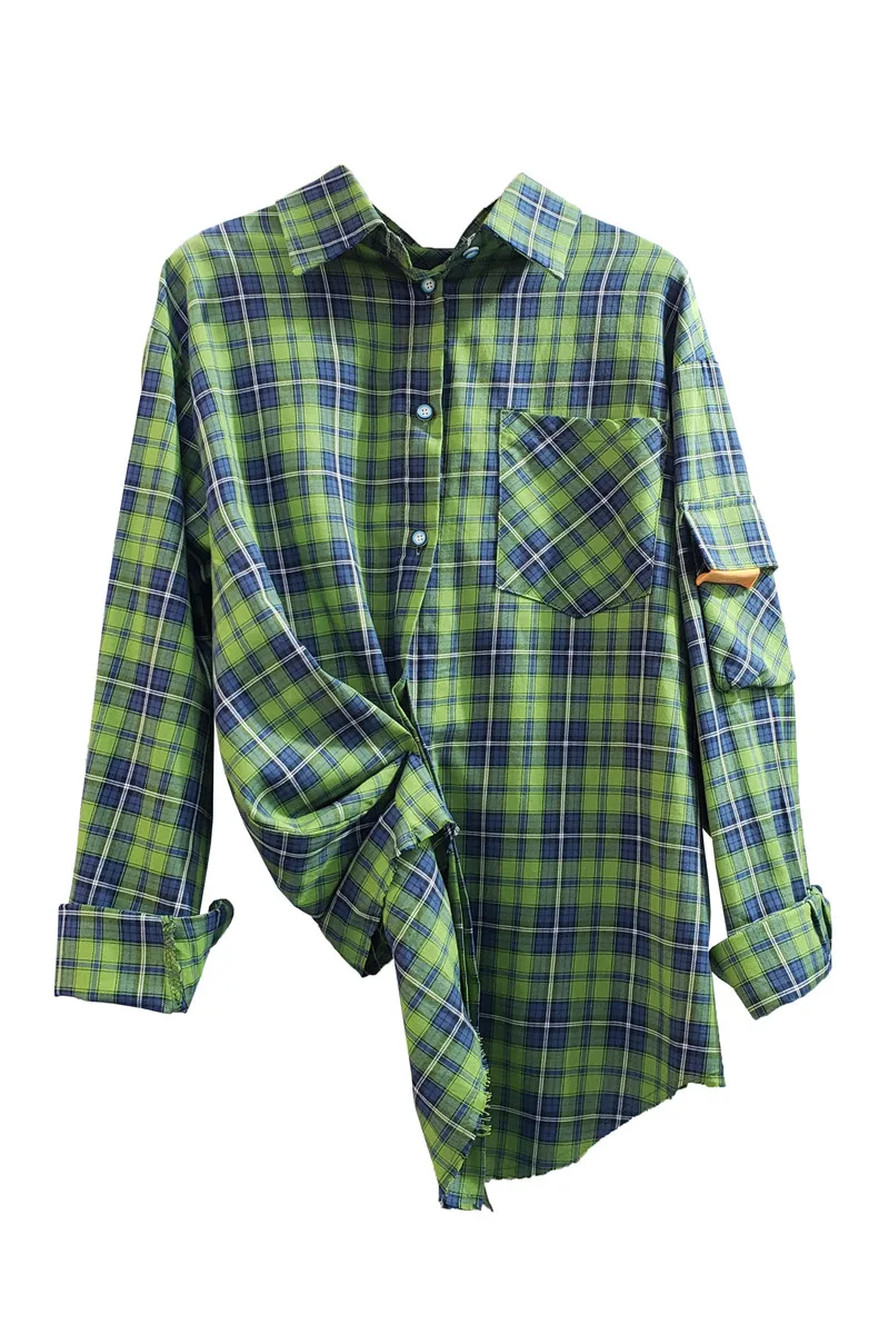 

Plaid Shirt Women Color Contrast Plaid Printed Loose Plus Size Blouse Girl's 2021 Spring New Retro Top