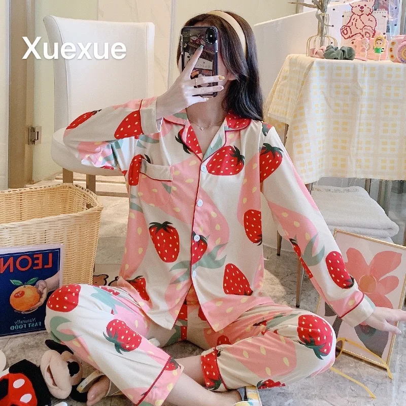 

New 2021 Spring Summer Cotton 2 Piece Pajamas Set Women New Printed Colorful Sleepwear Long Sleeve Pajamas Female Sleep Homewear