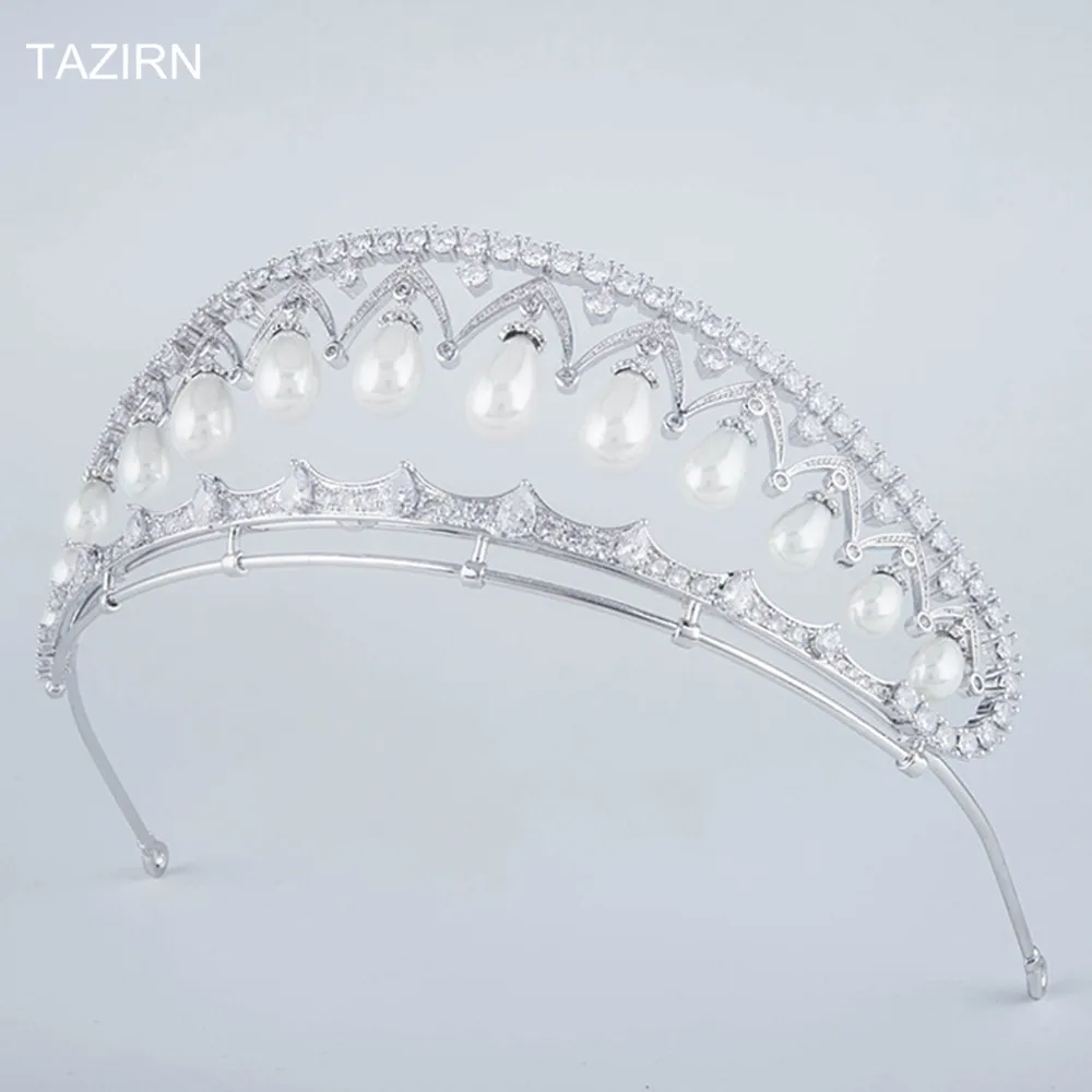 

Zircon Queen Maria Fedorovna Pearls Crowns Tiaras Cubic Zirconia Wedding Bridal Hair Jewelry CZ Pageant Headpieces for Women