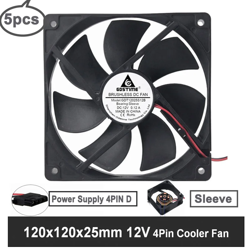 5 шт. Gdstime 12025 120 мм 120x120x25 мм 12025S DC 12 В охлаждающий вентилятор для холодильника 4-контактный двигатель чехол для компьютера охладитель