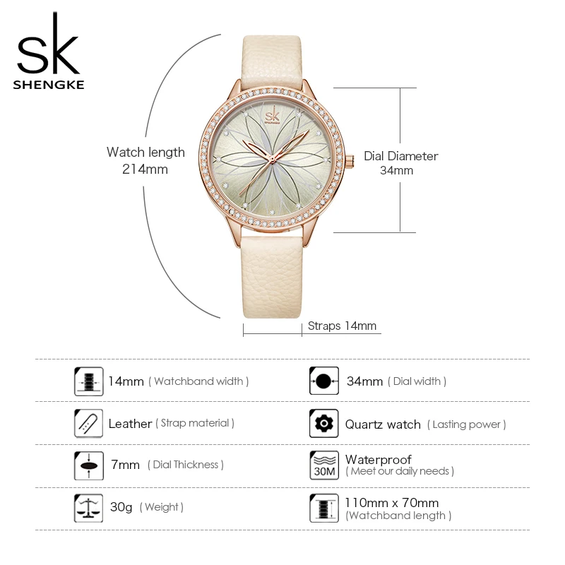 Женские часы Shengke с кожаным ремешком украшением из кристаллов японским кварцевым