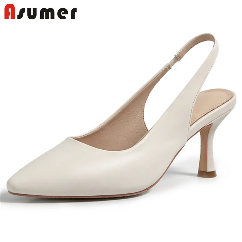 

Asumer Genuine Leather Shoes Women Pumps 2021 Newest Slingback Single Shoes Pointed Toe Thin High Heels Party Shoes Women