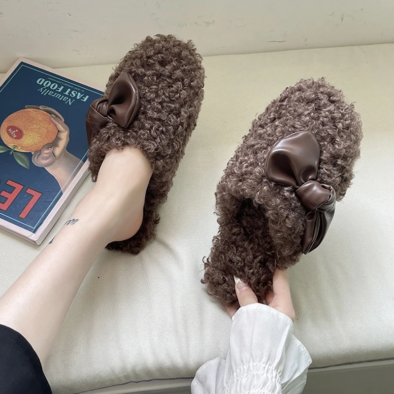 

Shoes Woman's Slippers Fur Flip Flops Slides Cover Toe Butterfly-Knot Female Mule Low Flock 2021 Flat Plush Mules Butterfly-knot