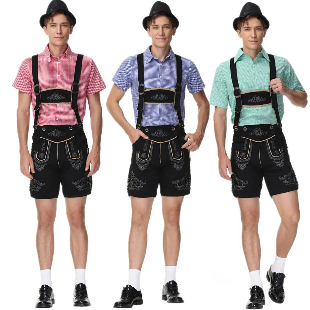 

Мужская одежда Beer Lederhosen, традиционная модель, шорты, рубашка, шапка, комплект для косплея, костюм на Хэллоуин, необычный костюм вечерние